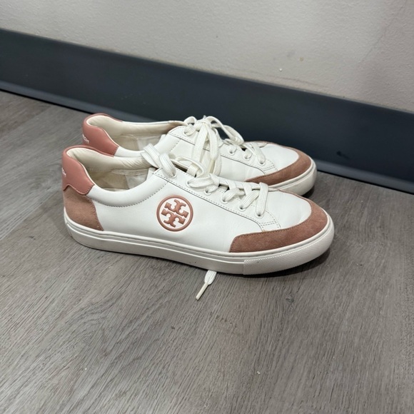 Tory Burch Sneakers Andrea Leather Colorblock Pattern in White Suede Pink - Picture 2 of 9